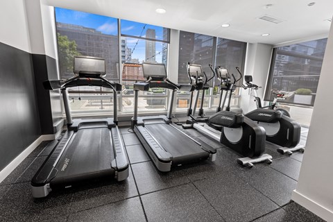 A gym with treadmills, elliptical machines, and stationary bikes.