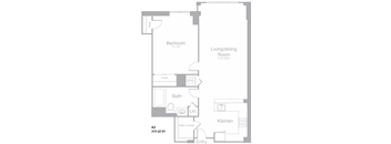 A floor plan of a one bedroom apartment.