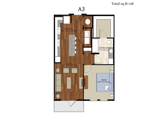 A3 Floor Plan | 728 Sq. Ft. at Abstract at Design District, Texas