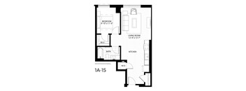 A floor plan of an apartment with a bedroom, living room, kitchen, bathroom, and a workspace.