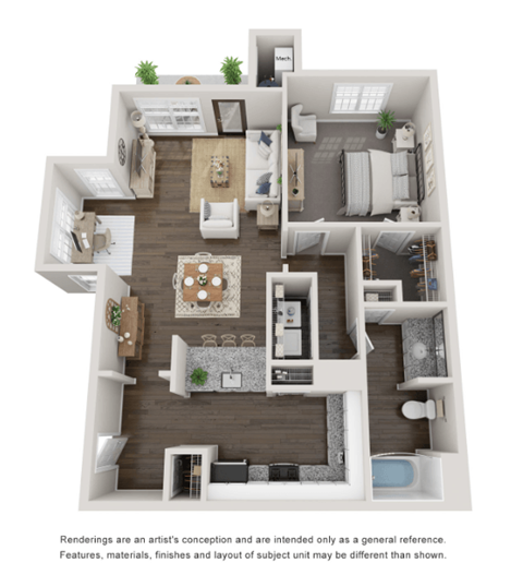 1 Bed 1 Bath Floor Plan | 799 Sq. Ft. 1 Bed 1 Bath Floor Plan | 799 Sq. Ft. at Willowest in Collier Hills, Georgia