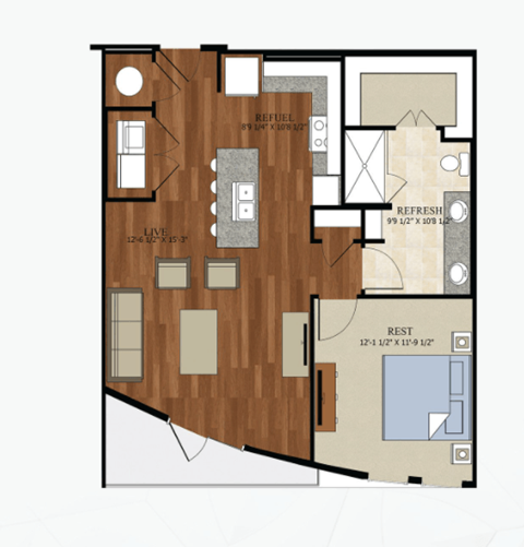 A8 Floor Plan | 786 Sq. Ft. at Abstract at Design District, Dallas, TX