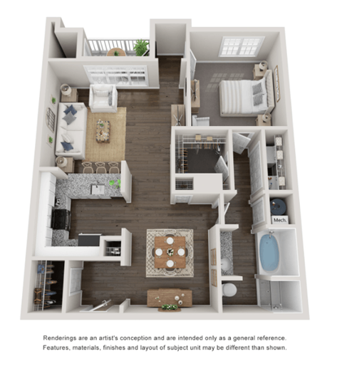 1 Bed 1 Bath Floor Plan | 892 Sq. Ft. 1 Bed 1 Bath Floor Plan | 892 Sq. Ft. at Willowest in Collier Hills, Atlanta, Georgia