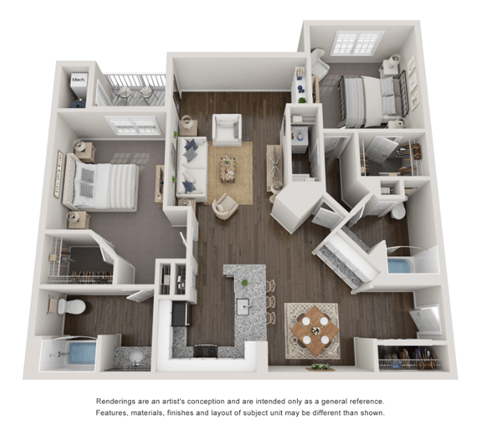 2 Bed 2 Bath Floor Plan | 1,260 Sq. Ft. 2 Bed 2 Bath Floor Plan | 1,260 Sq. Ft. at Willowest in Collier Hills, Georgia, 30318