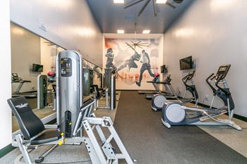 a gym with exercise equipment and a painting on the wall at Briarcliff Apartments in North Druid Hills, GA