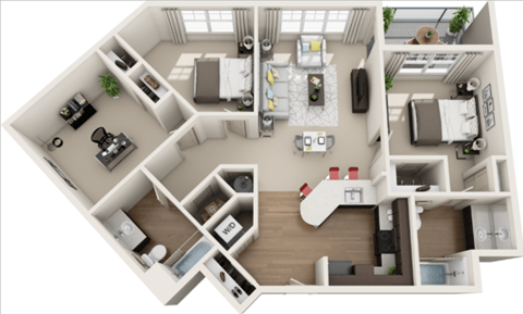 a 1 bedroom floorplan with a bathroom and a living room