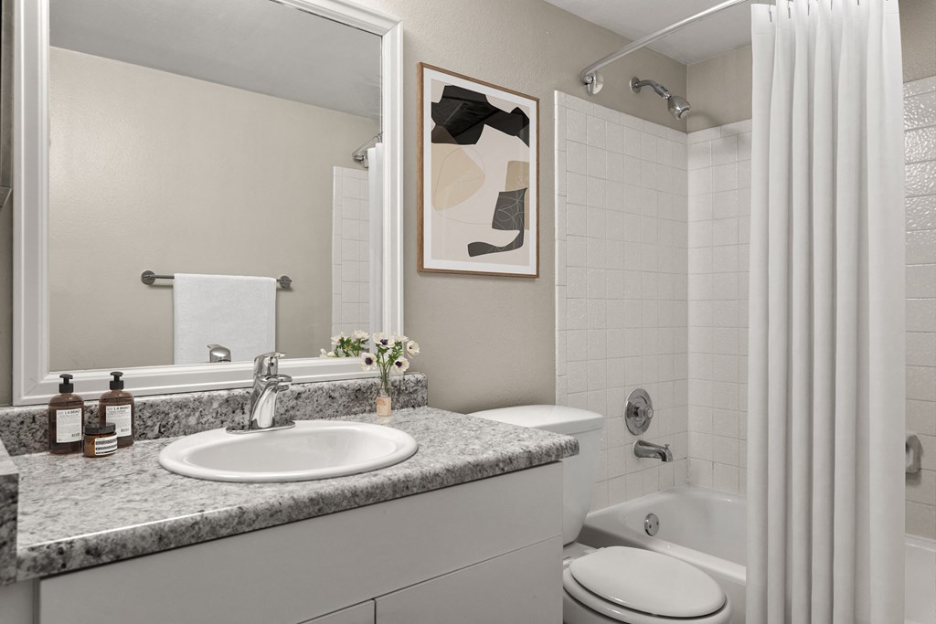 a bathroom with a sink and a toilet and a shower  at Arcadia Apartment Homes, Centennial