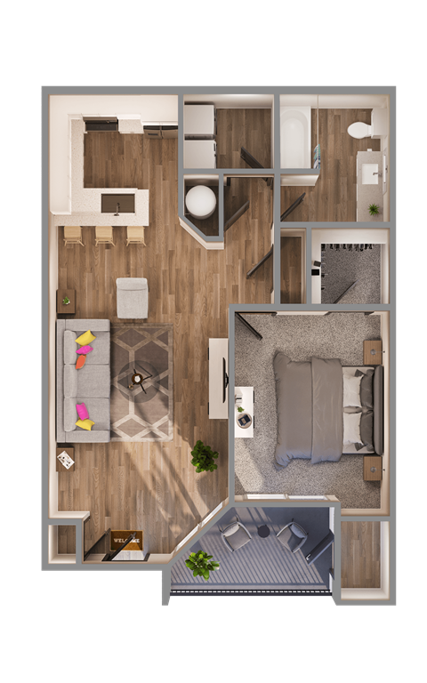 a 3d rendering of a furnished floor plan with a bedroom and living room