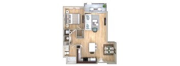 a stylized floor plan of a house with a bedroom and living room