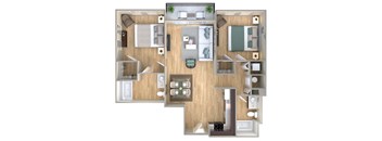 a stylized floor plan with a bedroom and living room