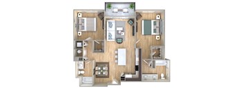 a 3d floor plan of a home with a bedroom and living room