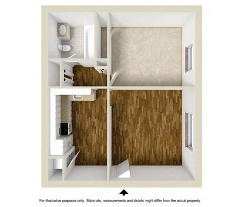 1 Bed 1 Bath Floor Plan | 485 Sq. Ft.  at Rosemont Square Apartments, Randolph, MA