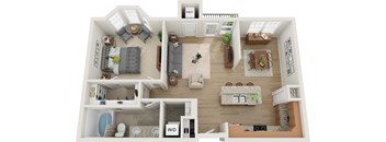A top-down view of a house layout with a living room, kitchen, dining area, and bathroom.