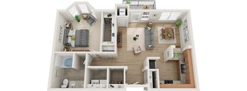 A top-down view of a modern apartment layout.
