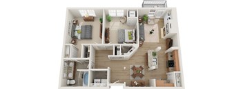 A 3D floor plan of a house with a kitchen, living room, and bedrooms.