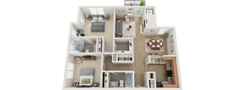 A 3D floor plan of a house with multiple rooms and furniture.