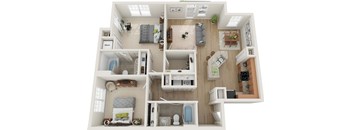 A 3D floor plan of a house with labeled rooms.