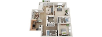 A 3D floor plan of a house with multiple rooms and furniture.