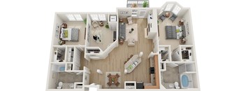 A top-down view of a house interior with a kitchen, living room, and two bedrooms.