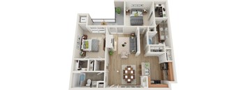 A 3D floor plan of a small apartment with a kitchen, living room, and bathroom.