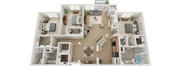 A detailed 3D floor plan of a two-story residential apartment.