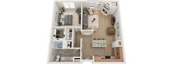 A top down view of a two-bedroom apartment with a kitchen, living room, and bathroom.