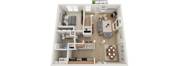 A top-down view of a small apartment with a kitchen, living room, and bedroom.