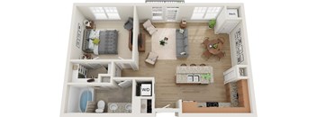 A 3D floor plan of a house showing a living room, kitchen, and bathroom.