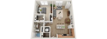 A 3D floor plan of a small apartment with a kitchen, living room, and bedroom.