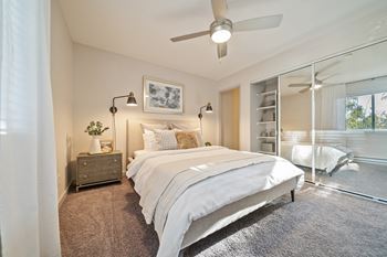 Spacious main bedroom in model apartment at Bay Village, Vallejo, 94590