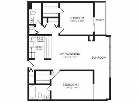 2 bed 2 bath  THE LENOX Floor Plan at 2460 Peachtree Apartments, Georgia, 30305