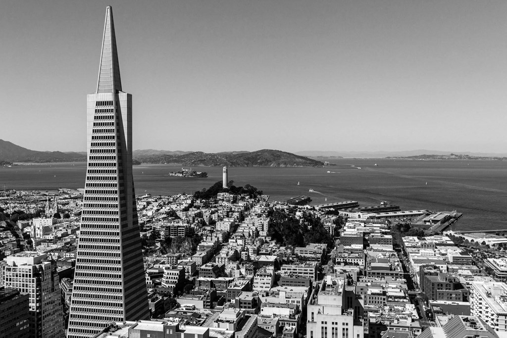 a black and white view of the skyline and the salesforce tower at L Seven, San Francisco