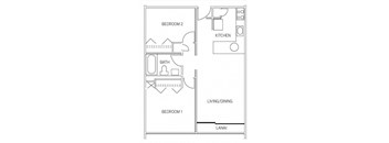 2 bedroom floor plan at Waikele Towers, Waipahu, HI, 96797