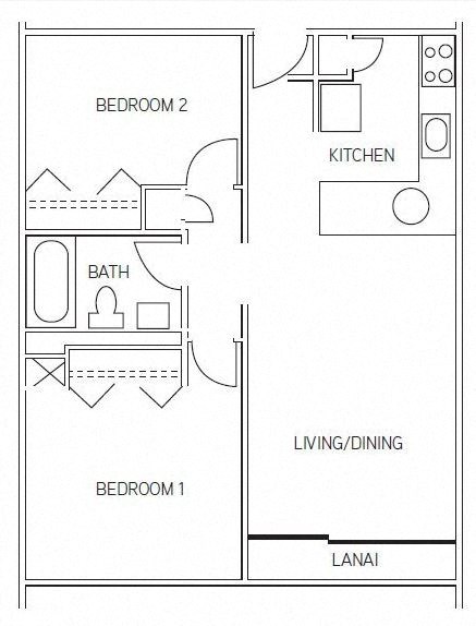 2 Bed 1 Bath Floor Plan with 660 Sq. Ft. at Waikele Towers, Waipahu, HI, 96797
