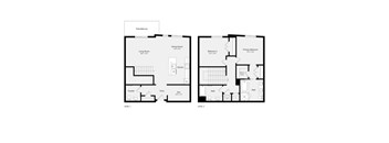 A floor plan of a two level home with a living room, dining room, kitchen, and two bedrooms.