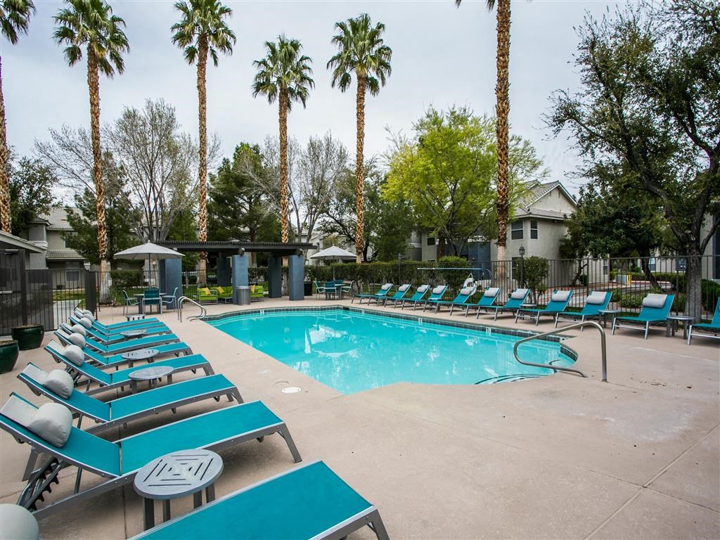 a resort style pool with blue lounge chairs and palm trees