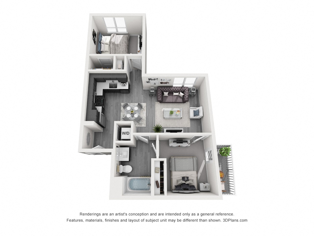 a stylized floor plan of a 1 bedroom apartment