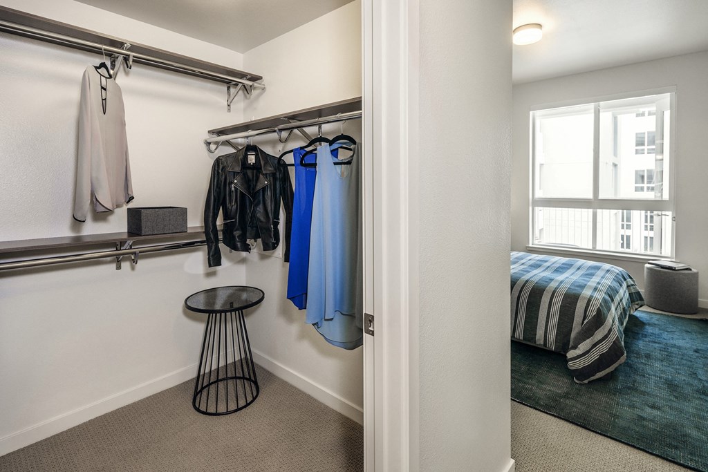 a bedroom with a bed and a closet with clothes rails and a window