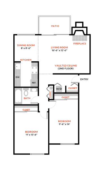 2 Bed 1 Bath Floor Plan | 975 Sq. Ft. 2 Bed 1 Bath Floor Plan | 975 Sq. Ft. at The Lakes Apartments, Bellevue, 98007