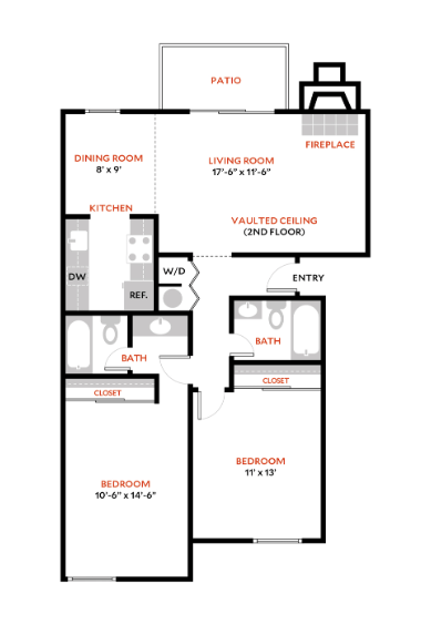 2 Bed 2 Bath Floor Plan | 1,000 Sq. Ft. 2 Bed 2 Bath Floor Plan | 1,000 Sq. Ft.at The Lakes Apartments, Bellevue, WA