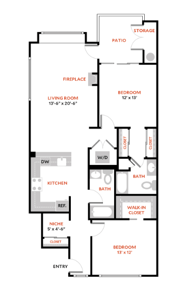 2 Bed 2 Bath Floor Plan | 1,251 Sq. Ft. 2 Bed 2 Bath Floor Plan | 1,251 Sq. Ft. at The Lakes Apartments, Bellevue Washington
