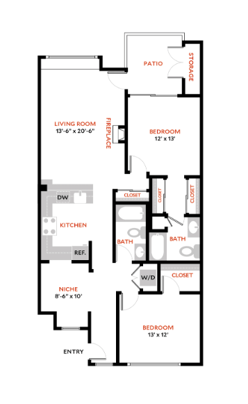 2 Bed 2 Bath Floor Plan | 1,226 Sq. Ft. 2 Bed 2 Bath Floor Plan | 1,226 Sq. Ft. at The Lakes Apartments, Bellevue