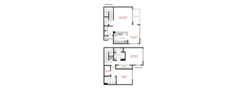 a floor plan of a two story apartment with two bedrooms and a living room with a dining room and at The Lakes Apartments, Washington, 98007