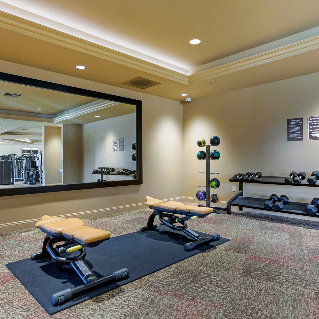 a gym with weights and a large mirror at The Rays at Vegas Towers Apartments, Las Vegas, NV