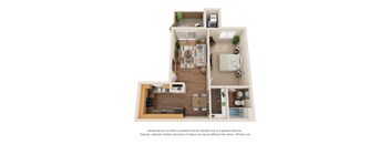 A 3D floor plan of a house with a kitchen, living room, and bathroom.
