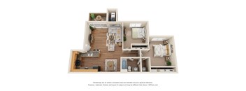A 3D floor plan of a house with a living room, kitchen, and two bedrooms.