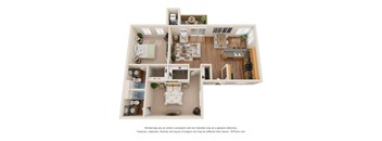 A 3D floor plan of a house with a kitchen, living room, and two bedrooms.