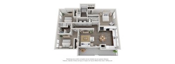 A 3D floor plan of a house with a kitchen, living room, and bedrooms.