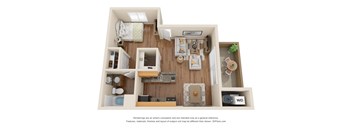 A 3D floor plan of a small apartment with a kitchen, living room, and bathroom.