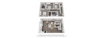 A 3D floor plan of a house with two bedrooms, a living room, a kitchen, and a bathroom.